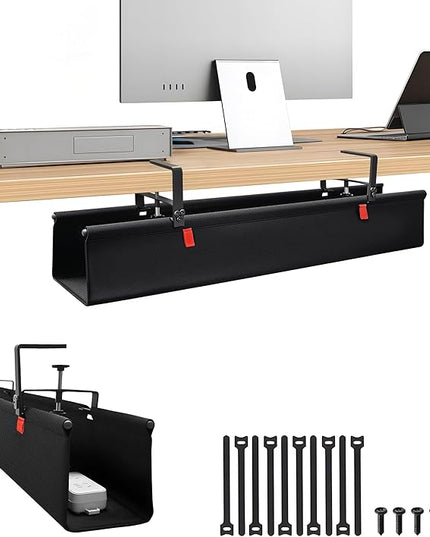 No Drill Cable Management Under Desk, 28" Cord Organizer for Table, Clamp/Screw Mount Cable Tray, Premium Black Fabric Desk Cord Management Tray for Office, Home (Regular (28 in))