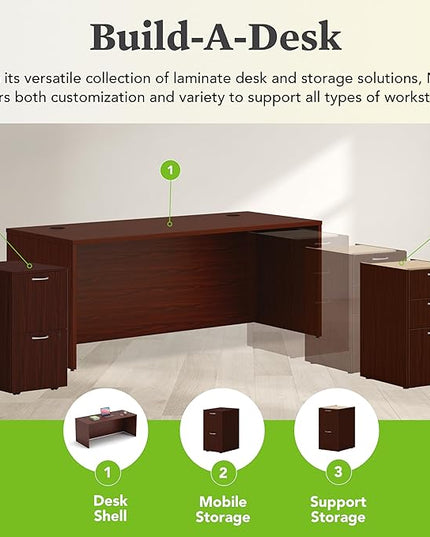 HON MOD Executive Desk 72-Inch Large Computer Desk Shell, Thick Wooden Laminate, Modern Table with Cord Management, 72" W x 30" D x 29" H, Traditional Mahogany