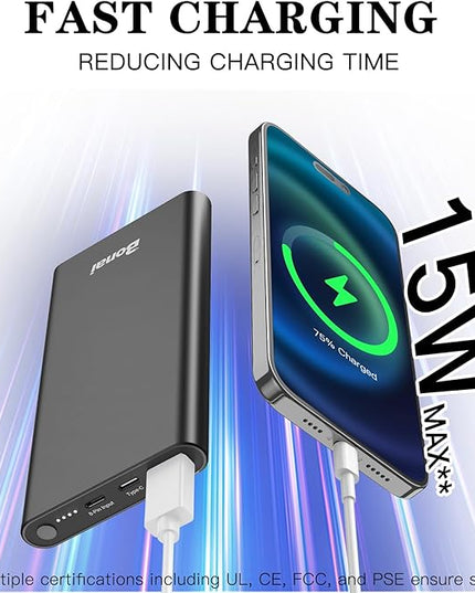 BONAI Portable Charger 12,000mAh 5V/3A Fast Charging Power Bank, Dural Input & Output Ports (USB-C in & Out) Portable Phone Charger for iPhone 17/16/15/14/13/12 Series Galxy Android iPad etc - Black