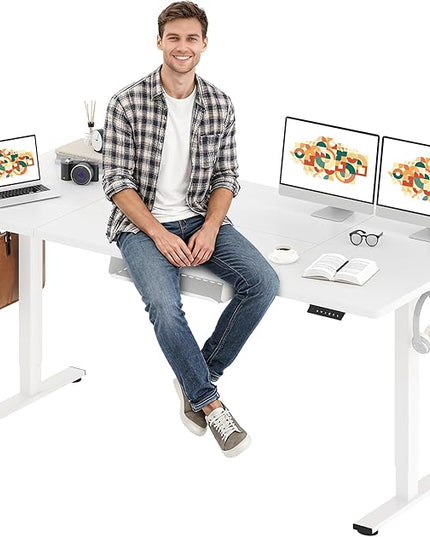 SANODESK Electric Standing Desk 79 x 32 Inches Height Adjustable Stand Up w/6-Button Controller Ergonomic Computer Desk with Splice Board for Home Office, White Frame + White Tabletop