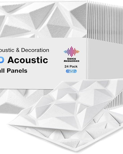 Acoustic 3D Wall Panels,24 Pack Sound Proof Felt Panels for Interior Wall Décor, Hollow Sound Absorbing Panel for Studio, Living Room, Home, Hotel, 12''x12'' Cover 24 sq ft (White, 24 Pack)