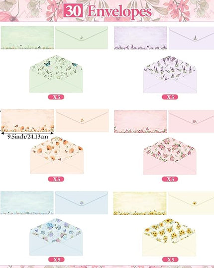 Funrous 90 Pcs Stationary Paper and Envelopes Set, Christmas 60 Sheets Floral Letter Paper and 30 Envelopes, 8.5 x 11 Inch Lined Writing Sheet for Wedding Religious Xmas Party Invitation Gift Decor