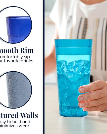 US Acrylic Cafe Plastic Reusable Tumblers (Set of 16) 20-ounce Water Cups Coastal Colors | Restaurant Style Drinking Glasses Value Set, Stackable, BPA-free, Made in the USA | Top-rack Dishwasher Safe