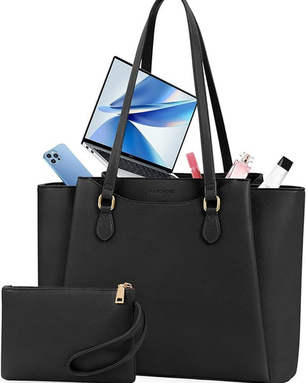 RAINSMORE Laptop Bag for Women 15.6 Inch Work Tote Bags Waterproof Computer Bags Leather Professional Laptop Purse Womens Laptop Briefcase Large Handbag for Office Teacher Travel, Black