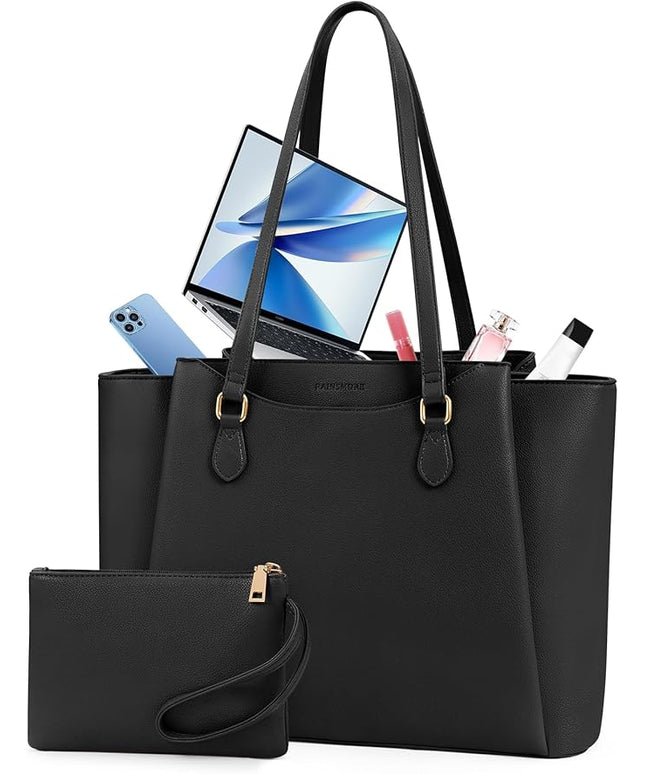 RAINSMORE Laptop Bag for Women 15.6 Inch Work Tote Bags Waterproof Computer Bags Leather Professional Laptop Purse Womens Laptop Briefcase Large Handbag for Office Teacher Travel, Black