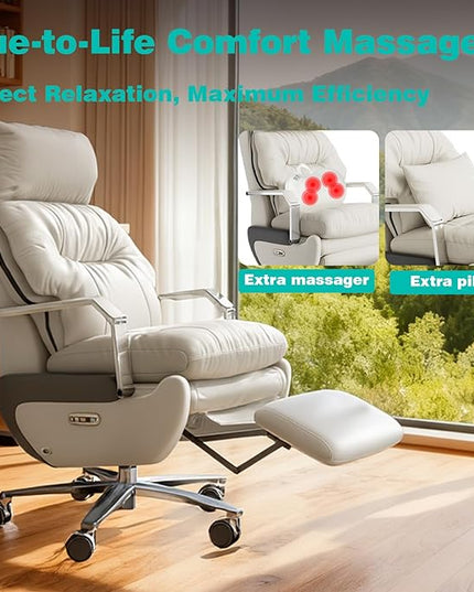 Dual Motor Executive Home Reclining Office Chair with Footrest - One-Click Electric Recline with Massage & Pillow Support Big and Tall PU Leather Ergonomic Desk Chair, High Back Wide Seat (White)