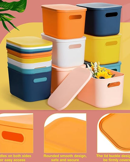 Thyle 12 Pack 7 Quarts Plastic Storage Bins for Christmas Storage with Lids Handles Colorful Stackable Desktop Box Bins with Marker Label for Shelf Drawer,10 x 7 x 6 Inch (Multicolored)