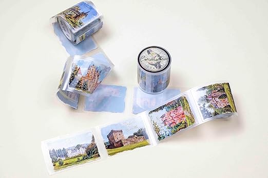 Scotland Landscapes Transparent Vintage Washi Tape 5x5 cm – Decorative Scrapbooking Craft Adhesive Roll, Scenic Highland Views, Travel Illustration Design for Journals, Planners, Cards & DIY Projects