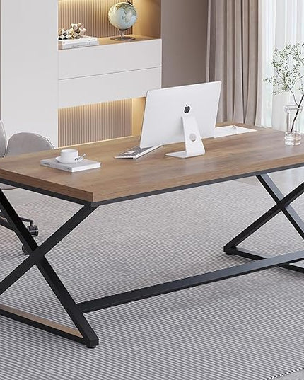 IBF 60” Rustic Computer Desk, Modern Wood Metal Home Office Desk, Farmhouse Work Desk for Writing Study in Bedroom, Minimalist Laptop Executive Workstation Computer Gaming Table, Rustic Oak, 60 in