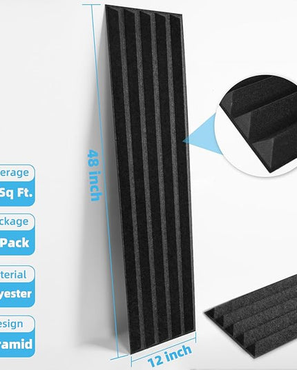 Art3d 10-Pack Peel and Stick Acoustic Panels with Acrylic Tape - 12 x 48 inches, Self Adhesive Sound Absorbing Polyester Wall Panels for Home Office Studio, Black