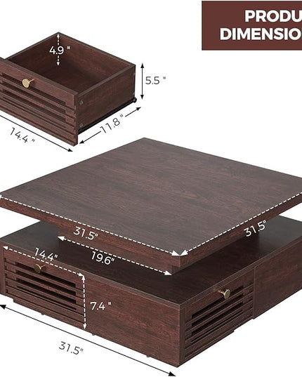 IRONCK Coffee Table with LED Light and Charging Station, 4 Storage Drawers with Grille Design, Square Coffee Table for Living Room Office Reception Room (Walnut)