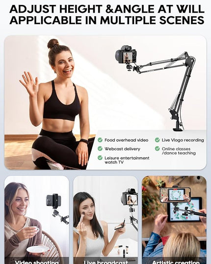 Overhead Camera Mount, 5lb Horizontal Load-Bearing, 360° Adjustable Stand for Desk, Flexible Arm Desk Mount, with Phone Clamp, Tabletop Mount for DSLR Camera/Webcam/Microphone（White