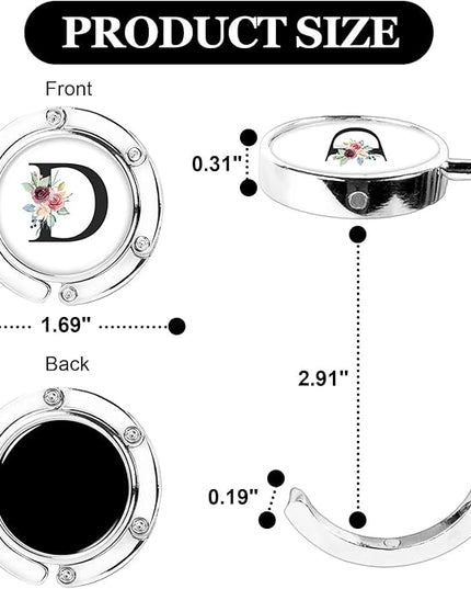 XSUIOY 3Pcs Personalized Initial Foldable Purse Hook for Table,Crushed Flower Letters Folding Purse Hanger,Purse Holder Handbag Hanger Collection Desk Table Bag Hooks Gifts for Women Bag(Black-D)