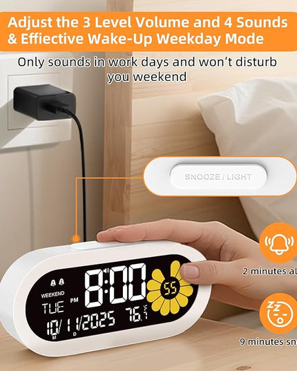 DOOMAY Digital Alarm Clock for Bedroom: Dual Alarm Bedside Clock VA LCD Display with Seconds, 9-Minute Snooze and Weekend Mode, 3 Brightness, 4 Alarms and 3 Volume Levels，Type C & Battery Included