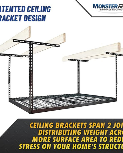 MonsterRax Overhead Garage Storage Racks 4x6, Ceiling Mounted Shelving, Adjustable Hanging Storage Organizer, Heavy Duty Steel, Holds 500 Pounds, Color: Hammertone, Adjusts 12"-21” off Ceiling