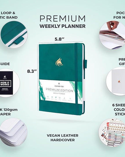Clever Fox Planner Premium Edition – Undated Luxurious Weekly & Monthly Planner to Increase Productivity and Hit Your Goals – Organizer – Start Anytime, A5, Lasts 1 Year, Dark Teal (Weekly)
