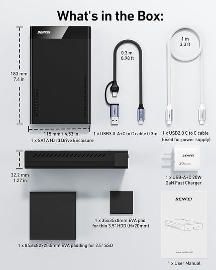 BENFEI 3.5/2.5 Inch SATA HDD/SSD Enclosure, Tool-Free Design, Supports 20TB HDD & UASP
