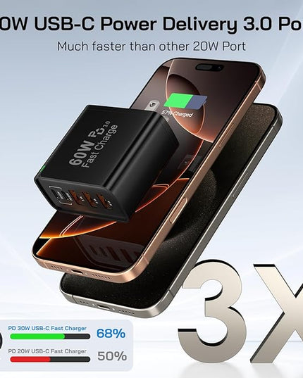 2Pack USB C Fast Charger Block, 60W 5-Port USB C Wall Charger 30W Type C Charging Block, 2USB C+3USB A PPS/PD 3.0 Multiport Charging Cube for iPhone 17 16 15 14 Pro Max,for Galaxy S25 S24 Ultra, i Pad