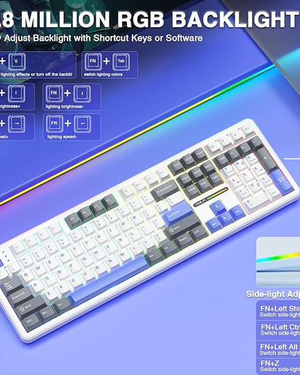 AULA F108 Wireless Mechanical Keyboard, BT5.0/USB-C/2.4GHz Hot Swappable Custom Gaming Keyboards, PBT Keycaps, Pre-lubed Switches, RGB Backlit Full Size Creamy Keyboard with Number Pad, 108 Keys