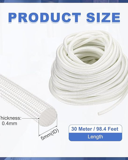 uxcell Insulation Cable Protector,5mm/0.20 Inch-30m/98 Feet High Temp Fiberglass Sleeve White