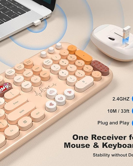 MOFII Wireless Keyboard and Mouse Combo, Full Size 2.4G Plug and Play Typewriter Retro Round Computer Keyboard and Mouse Set for Windows, Computer, Desktop, PC, Notebook - (Milk Tea Colorful)
