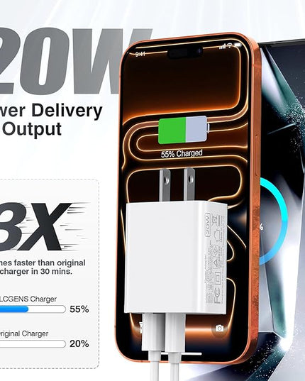 2-Pack Type C Charger Adapter, 20W Multiport Fast Charge Power Brick Cube for iPhone 16/17, iPad, iPod, Samsung Galaxy, Motorola, PS5, Huawei, HTC, LG, Nokia, QC+PD 3.0 USBA Box Wall Plug