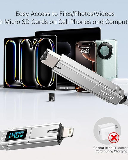 PZOZ Portable Keychain 5-in-1 OTG Cable with USB C Fast Charging LED Display and Micro SD/TF Card Reader, Multi USBC Charger Combo Lightning/Type C/USB A for iPhone iPad MacBook Samsung-140W 7.3 inch