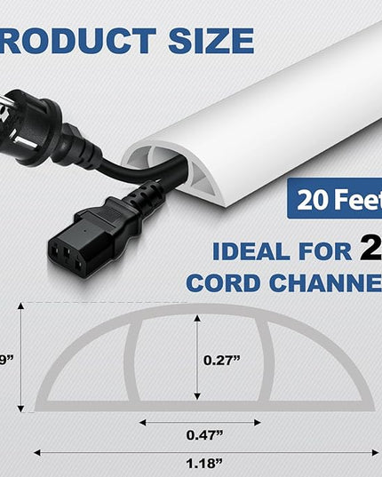 Floor Cord Cover for Wires on Floor Self Adhesive Cord Hider Floor Cable Management Wire Covers for Cords Protector Prevent Cable Trips Cord Cavity W 0.47" x H 0.27", White, 20Ft