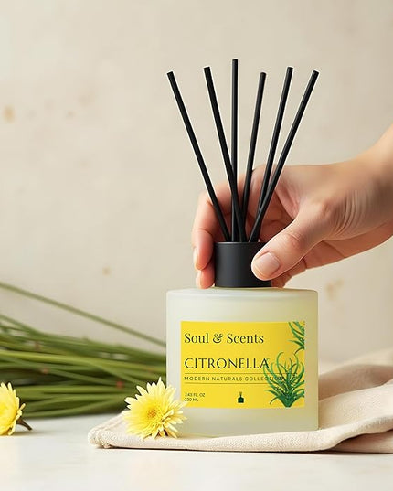 Soul & Scents Reed Diffuser Set – Citronella | 7.43 oz Refillable Scented Oil with 6 Fiber Sticks | Long-Lasting Home Fragrance & Air Freshener for Bedroom, Bathroom, Office | Gift & Décor Piece