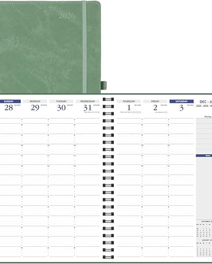 POPRUN 2026 Weekly Planner (A4-8.25'' x 11.75''), Quarter-Hourly Appointment Book (Jan. 2026 to Dec. 2026) with Monthly Tabs, Spiral Softcover, 2 Inner Pockets, Pen Holder - Midnight Green