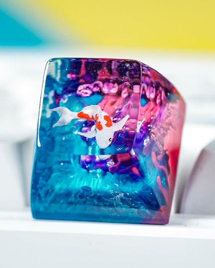 Kohaku Koi Artisan Keycap Blue and Pink Ocean Coral R1 SA Profile Custom Keycaps 1U ESC Handmade Gaming Resin Key Cap Cherry MX Switch Compatible Mechanical Keyboard Koi Lover Gift
