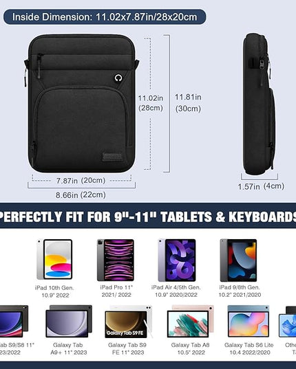MoKo 9-11 Inch 360° Protective Tablet Sleeve Bag, Fits iPad Air M3 11, 5/4th 10.9, iPad A16 10/9/8/7th 10.2, iPadPro 11 Inch, Tab S8/S9 11, Multifunctional Bag with Shoulder and Headphone Port, Black