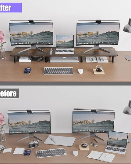 Dual Monitor Stand - 43.7 inch Extra Long Wide TV Stand - Wood & Steel Leg Desktop Riser - Desk Organization - Home Office (Vintage)