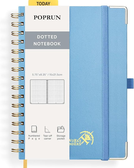 POPRUN Spiral Dotted Journal Notebook, [A5-5.75'' x 8.25''] - 120 GSM Thick Paper, 141 Numbered Pages, Hardcover for Men & Women with Pocket, Index Tabs, 8 Perforated Sheets, Haze Blue