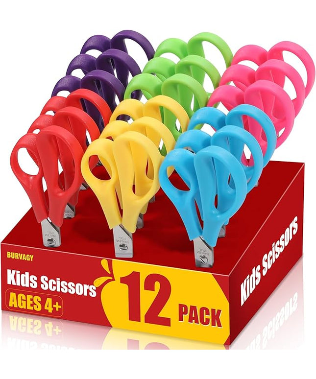 BURVAGY 12Pack 5.5" Safety Small School Kids Student Round Blunt Tip Craft Scissors Bulk, Stainless Steel Blades Comfort Grip Scissors for Kid Children Kindergarten Cutting Paper