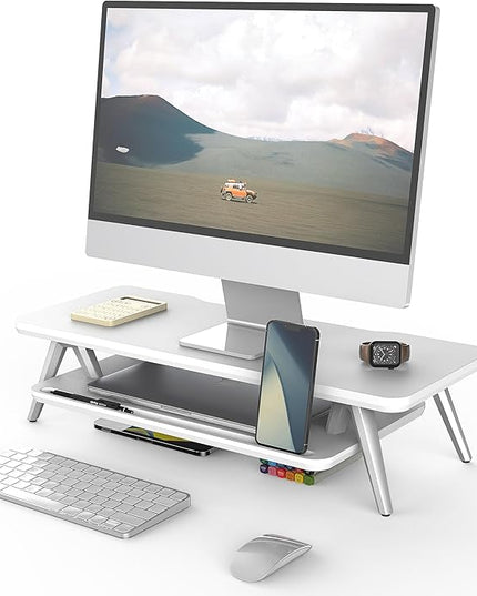Fenge Monitor Stand, Monitor Stands Riser for Desk, 23.6 Inch Wood Desk Shelf with Storage Organizer and Cable Management for Office Desk Accessories