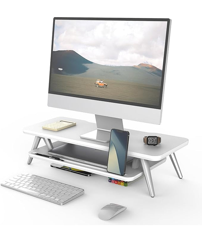 Fenge Monitor Stand, Monitor Stands Riser for Desk, 23.6 Inch Wood Desk Shelf with Storage Organizer and Cable Management for Office Desk Accessories