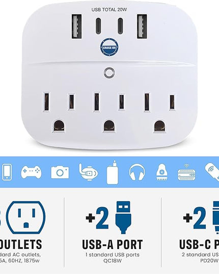 Cruise Approved Non Surge Power Strip [2 USBC, 2 USB, 3 AC] - Cruise Essentials for Carnival, Celebrity, Princess, Norwegian, MSC & Major Cruise Lines