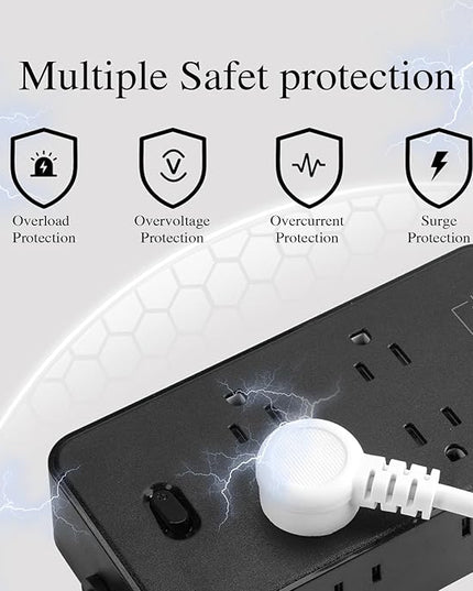 10FT Power Strip Extension Cord Surge Protector with 8 Outlets and 2 USB & 2 USB-C Port(5V 3.1A),Bold Extension Cord with Fuse Surge Protected Power Strip for Home Office (Black)