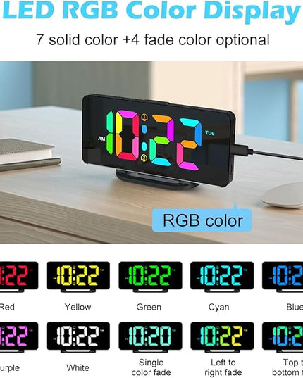 ALANAS RGB Digital Alarm Clock, Color Changing Mood Light with 10 Colors, Dual Alarm with Snooze, Dimmable Display, USB Charger, Adjustable Volume, Plug in, Bedroom Desk Clock for Teens, Adults