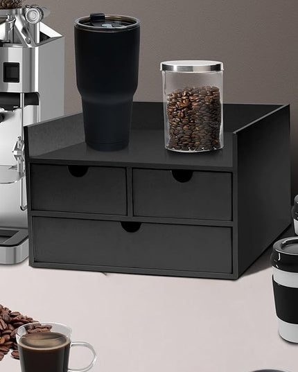 Charmewooden Desk Organizer with Drawers Countertop Drawer Organizer Drawers for Desk Top Home Office Workspace Bathroom Toiletries Supplies (black with shelf)