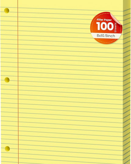 Yellow Loose Leaf Paper 100 Sheets Colored Filler Paper 8 * 10.5 College Ruled Paper 3-Hole Punched Paper for 3-Ring Binders Notebook Lined 8" x 10.5"