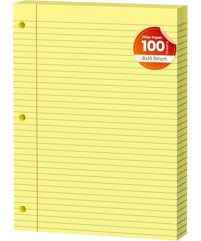 Yellow Loose Leaf Paper 100 Sheets Colored Filler Paper 8 * 10.5 College Ruled Paper 3-Hole Punched Paper for 3-Ring Binders Notebook Lined 8" x 10.5"