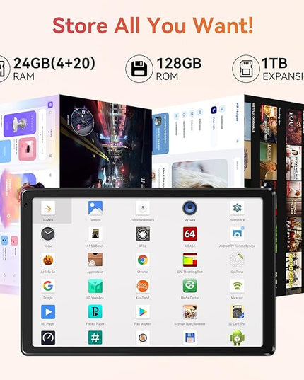 URAO Tablet,10.1" Android 15 Tablet with Octa-core Processor 24GB RAM 128GB ROM HD IPS Touchscreen 8H Battery, Wi-Fi 6, BT 5.0, Dual Camera, Android Tablets