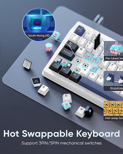 RedThunder K95 Wireless Mechanical Keyboard, TFT Screen & Knob, Tri-Mode BT5.0/2.4GHz/USB-C Hot Swappable Custom, Pre-lubed Linear Switches, Gasket Structure, RGB Gaming Keyboard, Snowy White-Blue