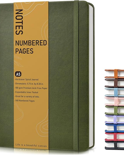 Lined Spiral Journal Notebook, A5 Hardcover Spiral Journals for Women Men, 150 Numbered Pages Spiral Bound Notebook, 100 GSM College Ruled Notebooks for Work, Note Taking 5.75" x 8.38", Olive Green