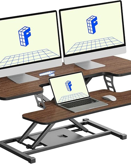 FLXISPOT 42" Standing Desk Converter Sit to Stand up Riser Height Adjustable Monitor and Laptop Workstation with Spacious 2-Tier Desktop, Walnut Color