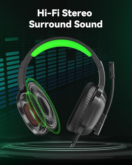 Gaming Headset with Microphone for Pc, Xbox One Series X/s, Ps4, Ps5, Switch, Stereo Wired Noise Cancelling Over-Ear Headphones with Mic, RGB, for Computer, Laptop, Mac, Nintendo, Gamer (Green)