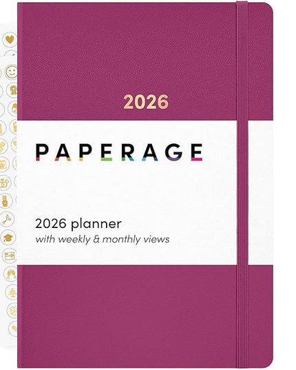 PAPERAGE 2026 Weekly & Monthly Planner, 12 Months (January 2026 - December 2026), 5.6 in x 8 in, Hardcover 2026 Planner with Weekly & Monthly Spreads, Note Pages, Stickers & Back Pocket – Raspberry