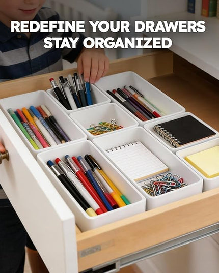 eazttouz 8 Pack Stackable Drawer Organizer Trays, Plastic Shallow Storage Bins for Bathroom Vanity, Desk Drawer, Kitchen, Makeup Organization, White (4M+4S)